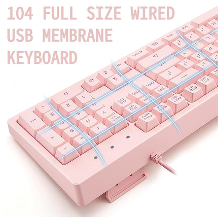 Basaltech Pink Keyboard with 7-Color LED Backlit, 104 Keys Quiet Silent Light Up Keyboard, 19-Key Anti-Ghosting Cheap Gaming Keyboard Mechanical Feeling Waterproof Wired USB for Computer, Mac, Laptop