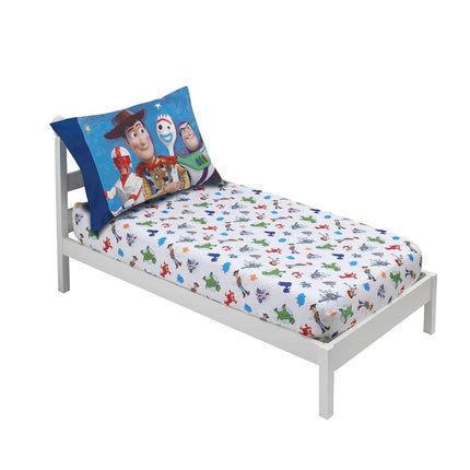 Disney 2 Pack Toddler Fitted Crib Sheet & Standard Size Pillowcase Set, Toy Story 4, Blue, Green, Red, White