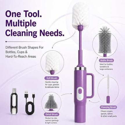 5-in-1 Long Handle Electric Bottle Brush Cleaner and Straw Cleaning Brush with Removable Brush Head, Multi-Function Rechargeable,for Stanley Cups, Baby Bottles, Pacifiers, Coffee Cups, Sports Bottles
