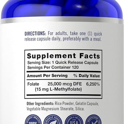 L Methylfolate 15mg | 120 Capsules | Value Size | Max Potency | Optimized and Activated | Non-GMO, Gluten Free | Methyl Folate, 5-MTHF | by Opti-Folate
