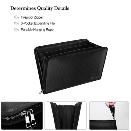 Expanding File Folder Important Document Organizer Fireproof and Waterproof Document Bag with A4 Size 3 Pockets Zipper Closure Non-Itchy Silicone Coated Portable Filing Wallet Pouch(14.3' x9.8')