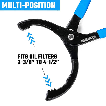 Neiko 03422A Oil Filter Wrench, 12” Adjustable Oil Filter Pliers, 3 Adjustable Positions, Fits 2-3/8” to 4-1/2”, Oil Change Tools, Filter Removal Tool