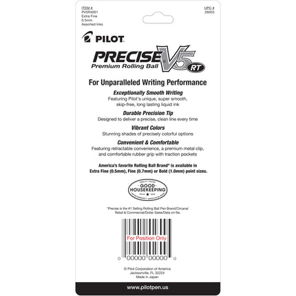 PILOT Precise V5 RT Refillable & Retractable Rolling Ball Pens, Extra Fine Point Pens, 0.5 mm, Black/Blue/Red/Green, Pack of 4 - Ideal for School, Journaling & Office Writing