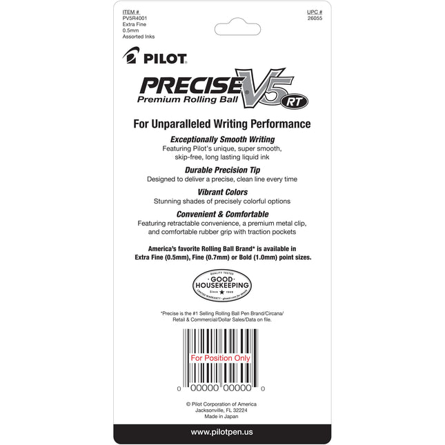 Stylos à bille roulante rétractables et rechargeables PILOT Precise V5 RT, Pointe extra fine, 0,5 mm, Noir/Bleu/Rouge/Vert, Lot de 4 – Idéal pour l'école, le journalisme et le bureau
