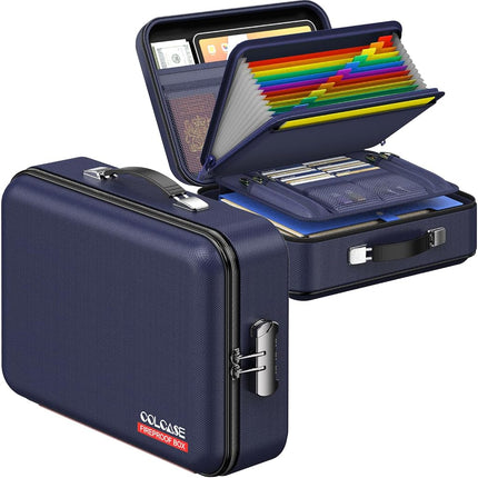 COLCASE Fireproof File Box, Hard Case Fireproof Box with Lock Hard-Shell Design Fireproof Water Resistant Safe Box Document Organizer for Important Documents Certificates Laptop Passports Blue