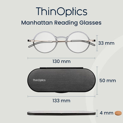 ThinOptics Reading Glasses 2.00, Clear Frame, 4mm Case, for Men and Women
