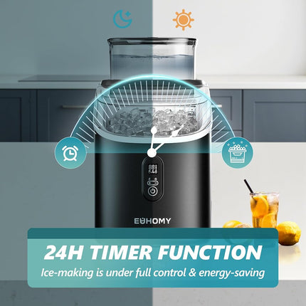 EUHOMY Ice Cube Maker Machine Countertop with External Water Tank, 34Lbs, 16Pcs Ready in 13 Mins, 2 Ways to Add Water, Auto-Cleaning, with Ice Scoop & Basket, for Home/Kitchen/Office/Bar (Black)