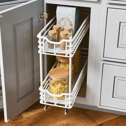 Organisateur coulissant étroit pour armoire Household Essentials, organisateur à deux niveaux, blanc, idéal pour les armoires étroites dans la cuisine, la salle de bain et plus encore, 17,8 cm