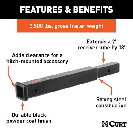 CURT 45796 18-Inch Long Trailer Hitch Extension for 2-Inch Receiver, 3,500 lbs, Black