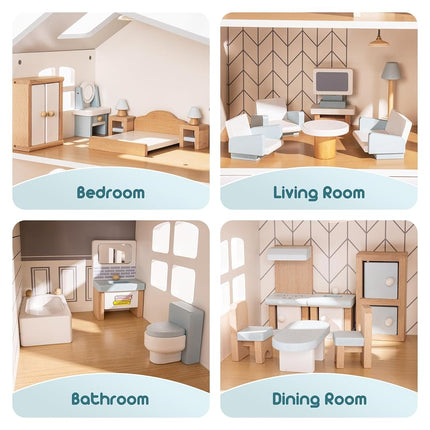 ROBUD Ensemble de Meubles en Bois pour Maison de Poupée, 23 Pièces d'Accessoires Durables pour Maison de Poupée, Jouets de Meubles de Maison de Poupée pour Garçons Filles, 3+