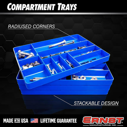 Ernst 10 Compartment Drawer Organizer: Heavy Duty Stackable Tray for Garage Tool Organization - Low-Profile Toolbox Storage - Bolts, Tools, Parts, Easy to Clean – High Visibility - Made in the USA