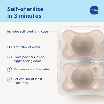 MAM Original Pure Pacifier, Climate Neutral MAM Natural Rubber Pacifier, Sustainable & Bio-Renewable Raw Materials, Sterilizer Case, Girl, 0-6 Months, 2-Pack