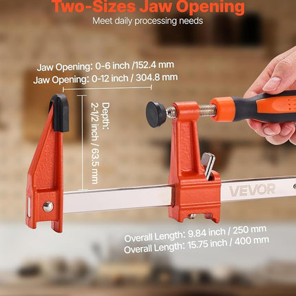 VEVOR Bar Clamps for Woodworking, 2-Pack 15.24 cm and 2-Pack 30.48 cm, Lockable F-Clamp with 272 kg Load Limit, 63.5 mm Depth, Cast Iron and Carbon Steel, Wood Clamps for Woodworking Metal Working