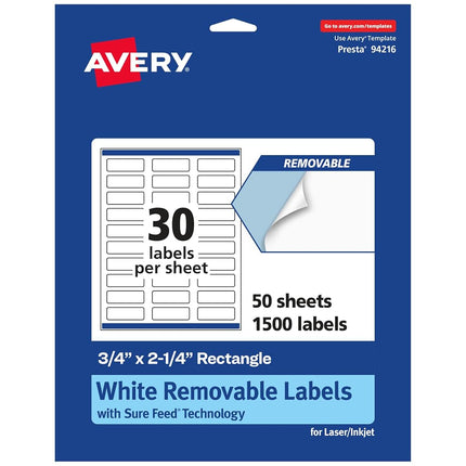 Avery Matte White Removable Rectangle Labels with Sure Feed Technology, Print-to-The-Edge, 0.75" x 2.25", 1,500 Removable Labels, Laser/Inkjet Printable Labels
