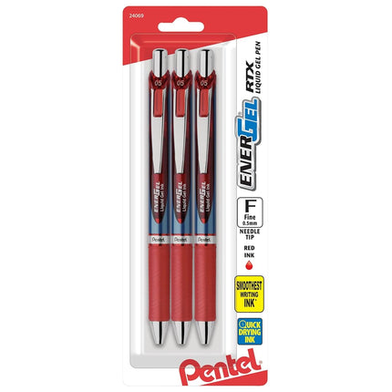 Pentel� EnerGel� RTX Retractable Liquid Gel Pens, Fine Point, 0.5mm, 54% Recycled, Assorted Barrel Colors, Red Ink, Pack Of 3 Pans