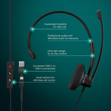 EPOS IMPACT 100 MS Mono USB-C+A Headset with Microphone, Microsoft Teams Certified, Noise-Cancelling, Lightweight, Soft Silicone Side Support, USB Adapter, Call Control, UC Professional Use