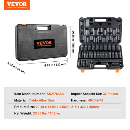 VEVOR 1/2" Drive Deep Impact Socket Set, 34pcs Socket Set Metric （8-36mm） 6 Point Cr-MO Alloy Steel for Auto Repair, Rugged Construction, Includes Heavy Duty Storage Case