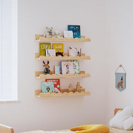 Seocry Kids' Bookshelf Set of 4 - Wood Floating Nursery Book Shelves, Picture Ledge Shelf for Wall Decor and Storage - Perfect for Books, Toys, Photo Frames, and Nursery Décor, XKJ0001