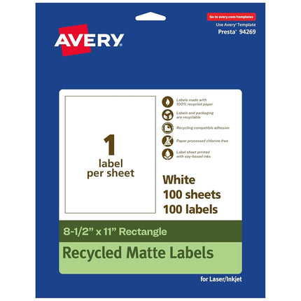 Etiquetas rectangulares recicladas Avery EcoFriendly de papel mate blanco, 21,6 cm x 27,9 cm, etiquetas de papel mate blanco, adhesivo permanente, láser/inyección de tinta, 100 etiquetas imprimibles