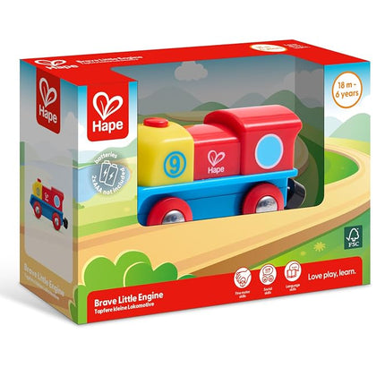 Hape Brave Little Engine | Button-Operated Multi-Coloured Train, Exceptional Battery-Powered Train, Red, Yellow + Blue Finish
