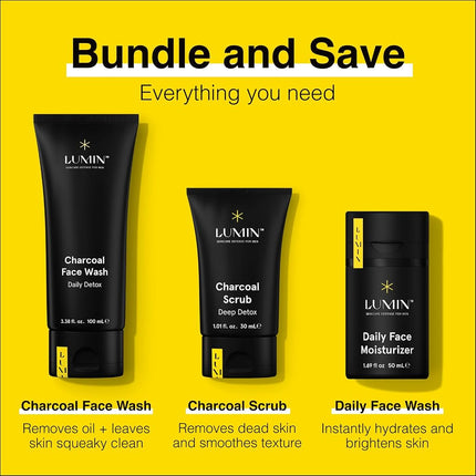 Lumin - Kit d'Entretien Classique - Kit de Soin pour Hommes - Nettoyant Visage au Charbon, Hydratant, Gommage Exfoliant - Anti-âge, Atténue les Rougeurs - Approvisionnement de 2 Mois