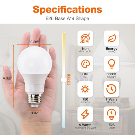 Sylvania ECO LED A19 Light Bulb, 60W Equivalent, Efficient 9W, 7 Year, 750 Lumens, Non-Dimmable, Frosted, 5000K Daylight, Pack of 24 (40987)