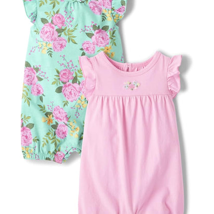 The Children's Place baby-girls And Newborn Sleeveless Rompers 2-pack, Mint Floral/Pink 2-pack, 9-12 Months