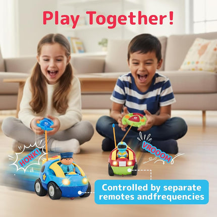 Prextex Remote Control Cars for Kids Age 3 and Up - 2-Pack Cartoon RC Car Police and Race Kids Toys - Realistic Sirens, Honking Sounds, and Flashing Headlights - Ideal Stocking Fillers for Toddlers