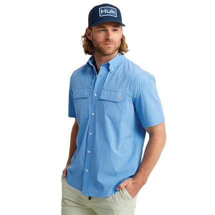 HUK Back Draft Solid Short Sleeve Button, Vented Fishing Shirt for Men, Marolina Blue, 3XL