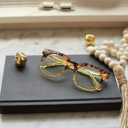 Peepers by PeeperSpecs Women's Showbiz Square Blue Light Blocking Reading Glasses, Sand Quartz/Yellow, 50