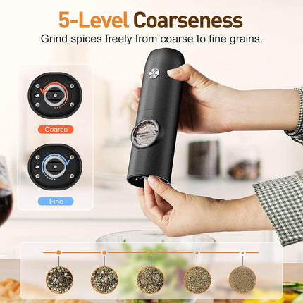 Electric Salt and Pepper Grinder Set, Rechargeable Automatic Pepper Mill Grinder with LED Light, Adjustable Coarseness shakers, One-Hand Operation for Kitchen(2 Pack,Black+Black)