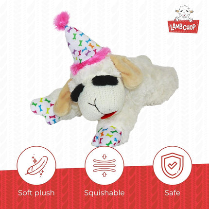 Multipet Lamb Chop Dog Toy with Birthday Hat, Pink, 10.5"