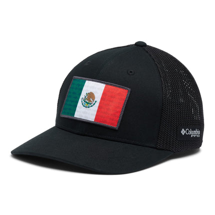 Gorra de malla PFG de Columbia para unisex - Alta, Negro/Negro/Bandera de pez de México, Extragrande