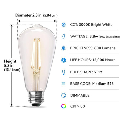 Feit Electric ST19 Vintage Edison LED Bulb, 100W Equivalent, Dimmable, 2700K Soft White, 1490 Lumen, E26 Base, Retro Filament Bulbs, 15,000 Hours Life, ST19100CL/927CA/2/4, Pack of 8