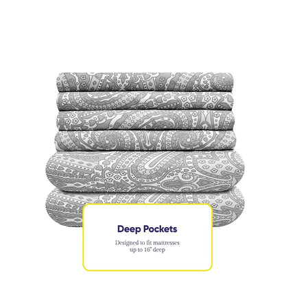 Sweet Home Collection Full Size Bed Sheets - 6 Piece 1500 Supreme Collection Fine Brushed Microfiber Deep Pocket Full Sheet Set Bedding - 2 Extra Pillow Cases, Paisley Gray