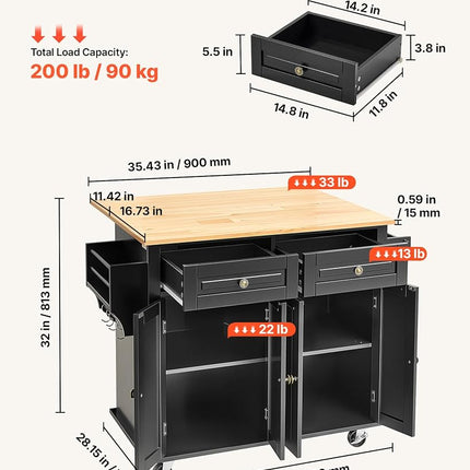 VEVOR Kitchen Island Cart, 43" Wood Top Mobile Carts with Storage Cabinet, Rolling Table with Drop Leaf, Spice Rack, Towel Bar, Adjustable Shelf, Drawer, and Hooks, Portable Islands on Wheels, Black
