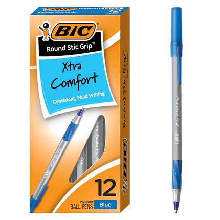 BIC Round Stic Grip Xtra Comfort Ball Pen, Medium Point (1.2 mm), Blue, 12-Count