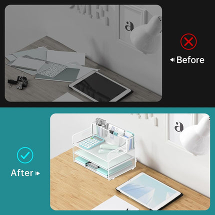 SUPEASY Organiseur de bureau 3 niveaux avec poignée et 3 porte-stylos, Organiseur de papier/dossiers en maille pour bureau, Trieur à courrier pour fournitures de bureau (Blanc), 1 pièce, 3CST-3PH