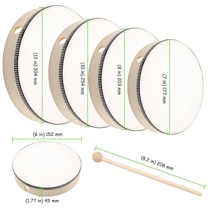 TAICHEUT 5 Pcs Hand Drum Set, 6 Inch 7 Inch 8 Inch 10 Inch 12 Inch Wood Frame Drum with Drum Stick, Hand Drums for Adults, Beginners, Party