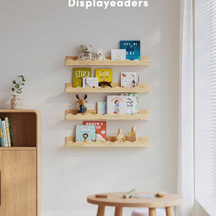Seocry Kids' Bookshelf Set of 4 - Wood Floating Nursery Book Shelves, Picture Ledge Shelf for Wall Decor and Storage - Perfect for Books, Toys, Photo Frames, and Nursery Décor, XKJ0001