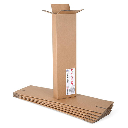 Paclord 6 Pack Large Cardboard Boxes 6" L x 3" W x 24" H - USA Made Packaging Boxes for Moving House, Shipping or Storage - USPS, UPS Approved