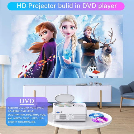 Full HD WiFi Bluetooth Projector Built in DVD Player, 8000LM 1080P Supported, Portable Mini DVD Projector for Outdoor Movies, 250" Home Theater, Compatible with iOS/Android/TV Stick/PS4/HDMI/USB/TF
