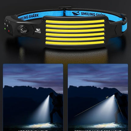 Smiling Shark Rechargeable Headlamp, 230°Wide Angle 6*White Light the Brightest LED Head Lamp with Motion Sensor Waterproof Headlight for Camping Hiking Outdoor, Head-Lamp-LED-Frontale-Rechargeable