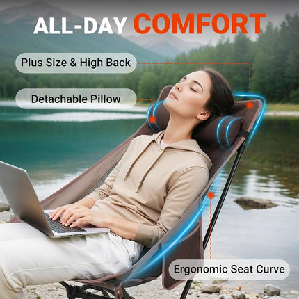 Overmont Portable High-Back Camping Chair - 440LBS Support Oversized Lightweight Folding Backpacking Chair for Adults - Compact with Detachable Pillow, Brown