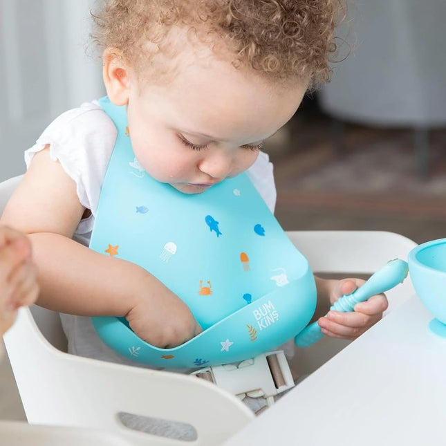 Bumkins Bibs, Silicone Pocket for Babies, Baby Bib for Girl or Boy, for 6-24 Months Up to Toddler, Essential Must Have for Eating, Feeding, Baby Led Weaning Supplies, Mess Saving, Ocean Life Blue