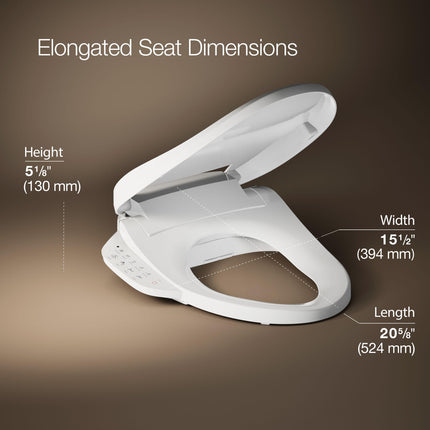KOHLER K-8298-0 C3 155 Asiento de inodoro alargado con bidé de agua tibia, blanco con tapa y asiento de cierre silencioso, desodorización automática, varilla autolimpiante, presión de agua ajustable, luz nocturna, asiento con calefacción