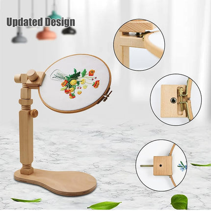 Adjustable Embroidery Hoop Stand - Hands-Free Cross Stitch Stand Lap, Beech Wood Embroidery Hoop Holder Frame, Rotated Needlepoint Holder Stand for Art Craft Sewing Needlework Projects