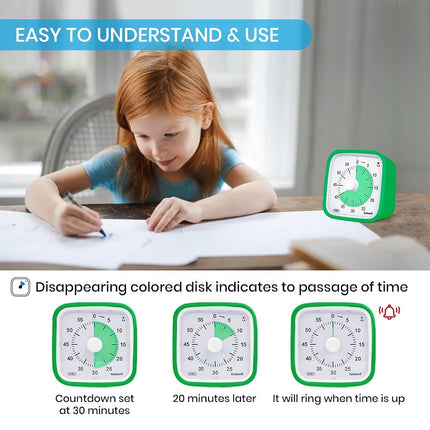 Yunbaoit Visual Timer with Protective Case, 60 Minute Silent Countdown Timer for Kids and Adults Clock Time Management Tool(Green)