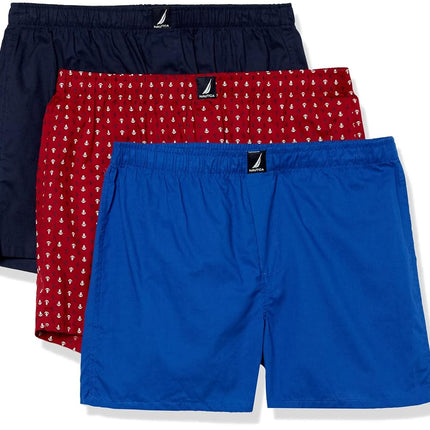 Nautica Men's Cotton Woven 3-Pack Boxers Shorts, Peacoat/Bright Cobalt/Anchor Print Red, XL