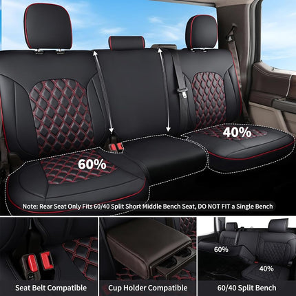 Huidasource Dodge Ram Seat Covers Full Set, Full Coverage Waterproof Leather Pickup Truck Seat Cushion Protector Fit for 2009-2018 1500, 2010-2023 2500/3500 Crew Mega Cab(Full Set/Black&Red)